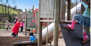 Child climbing and another on a slide in the play park, at Delamont Country Park.