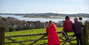 Family standing over a gate looking at the view of the Islands on Strangford Lough, from Grey Point Lookout at Delamont Country Park.