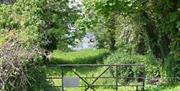 A country gate leading to a grassy path with overhanging trees.