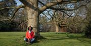 Lady with her eyes closed sitting under a tree and connecting with nature as part of the Journey into Stillness experience