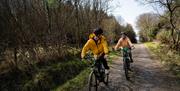 Two people on electric bikes on a trail enjoying the Electric Escape experience with Corralea Adventure Centre