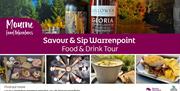 Promotional poster for the Savour & Sip Warrenpoint (Food & Drink Tour), featuring bottles of local spirits, artisan food including sandwiches, soups,