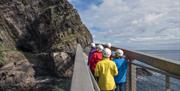 tour group on walk bridge, walking towards cave entrance