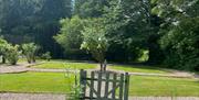 A gate leading to a segmented lawn with a tree in the centre.