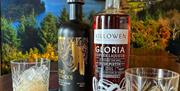 Two Stacks Double Irish Cream Liqueur and Killowen Gloria Coffee Liqueur on a table with glasses of ice, set against the scenic background of Warrenpo