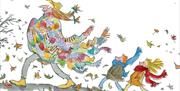 © Quentin Blake 2023. All rights reserved. Quentin Blake illustration of a man in a colourful coat and two children walking through autumn leaves.