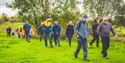 Group of people walking across a field on a guided farm tour