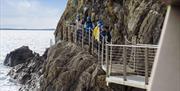 Group is seen walking along the cliff path at The Gobbins