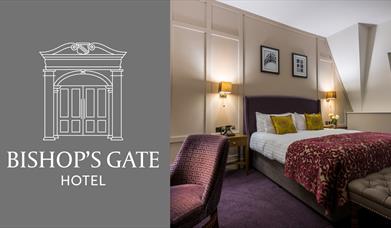 A room at the Bishop's Gate Hotel and the hotel's logo.