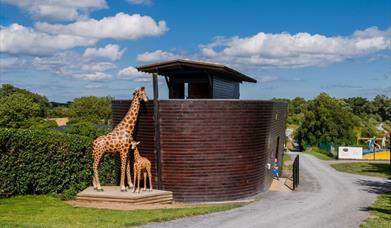 Image of the Ark Open Farm's small replica of Noah's Ark with animal statues including giraffe