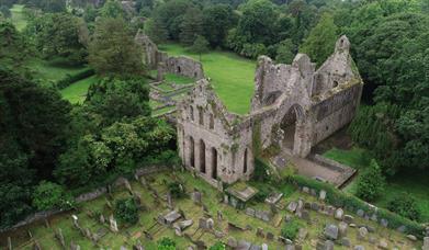 Grey Abbey ruins and graveyard from a birds eye view