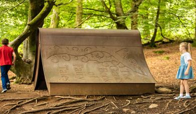 Children playing around a giant book in Slieve Gullion Forest Park