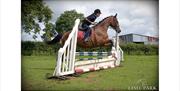 Image is of a rider and horse jumping over a fence in a field