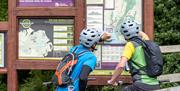 2 cyclists planning their cycle using the information trails board at Rostrevor Mountain Bike Trails