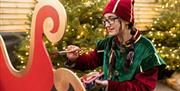 Image shows a woman dressed as a elf painting a sled with Christmas trees in the background