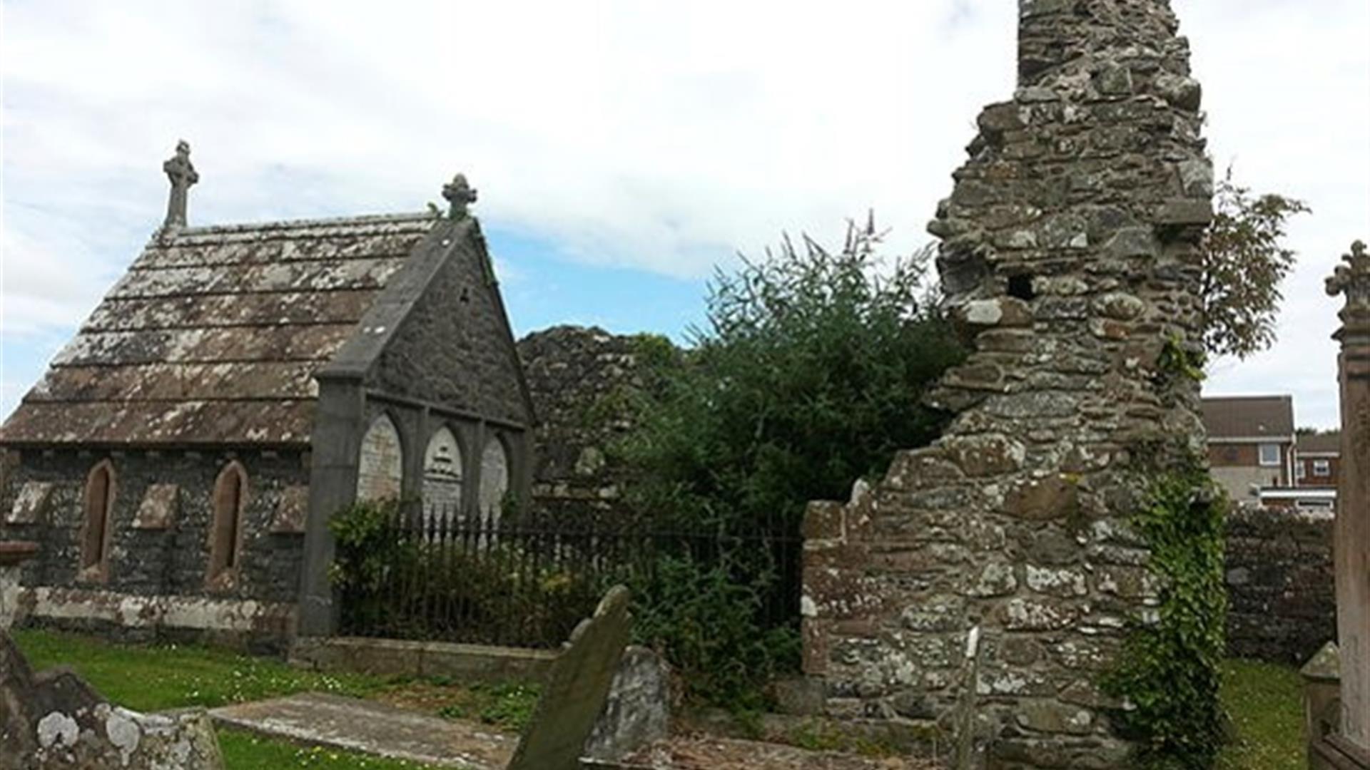 Photograph of the Movilla Abbey, grave stones and ruins