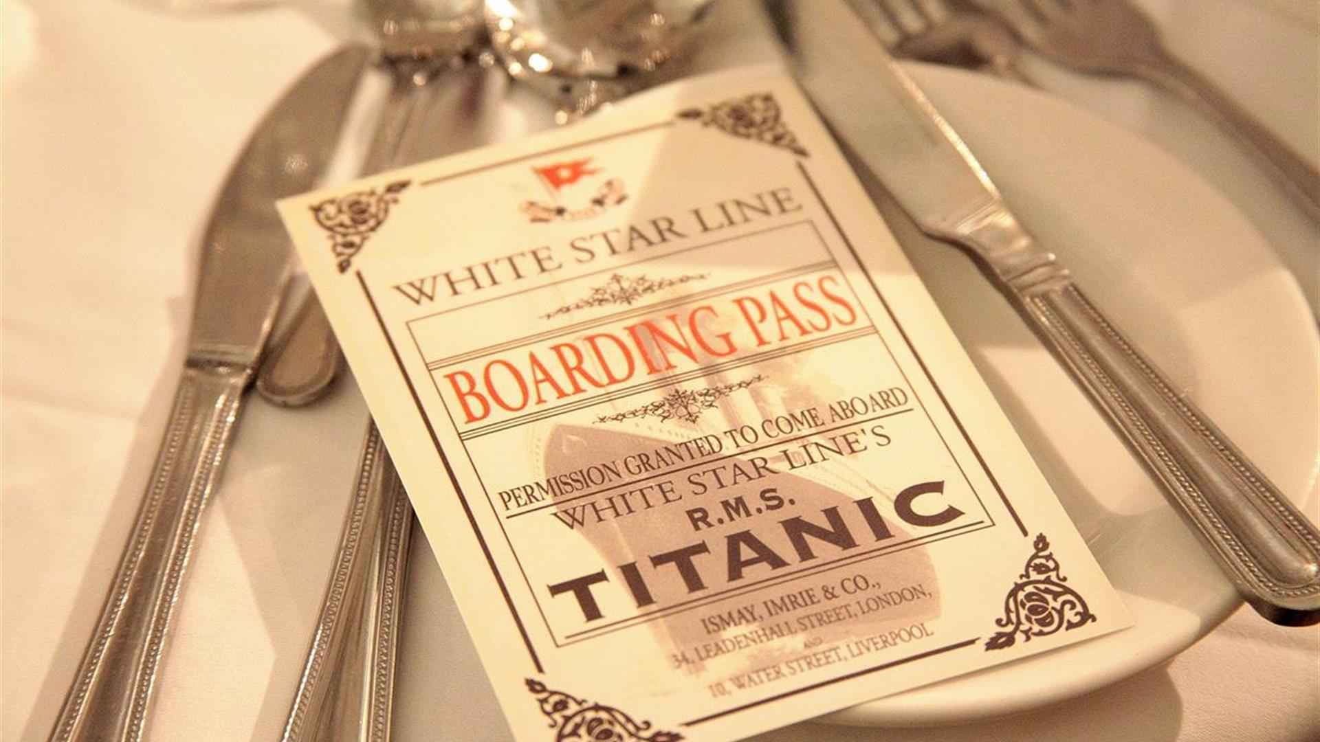Titanic boarding pass leaflet, part of themed dinner