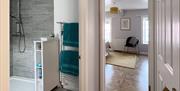 Refurbished shower room, large walk in shower, Italian ceramic tiling, basin, medicine cabinet, towel radiator