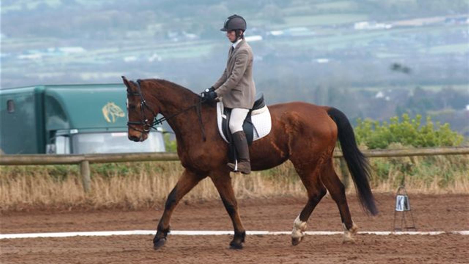 Image shows rider on a horse in a field with countryside in the background