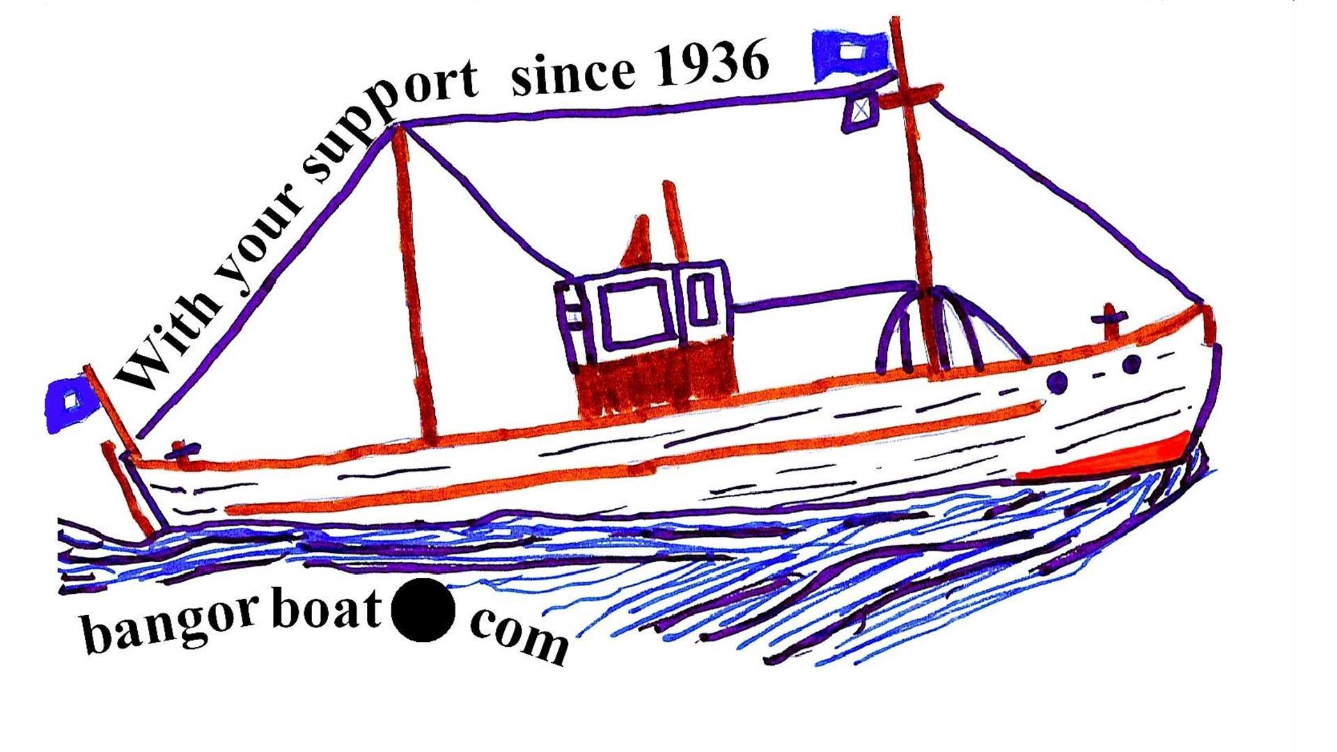 Photo of Bangor Boat logo, a sketch of the boar with the words With your support since 1936 bangorboat.com