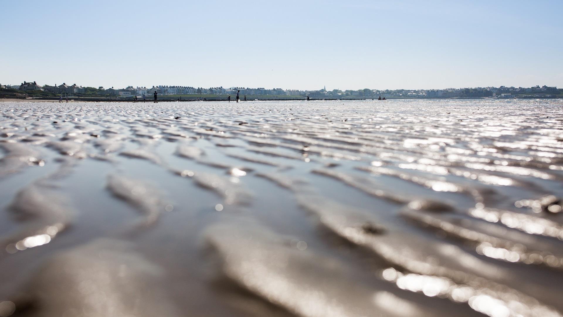 Close up photo of the ripples of sand on Ballyholme Beach with the promenade and bathers in backdrop