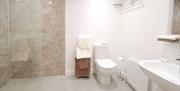 Walk in shower/wet room and raised height toilet and handbasin.