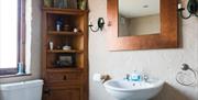 Image of the bathroom with sink, toilet and corner storage unit