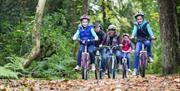 Happy family of 5 cycling in forested area