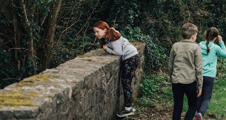 A child looking over a stone wall, with two other children