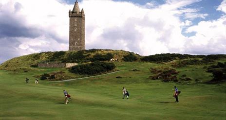Golfers in play on the green with Scrabo Tower in background close by