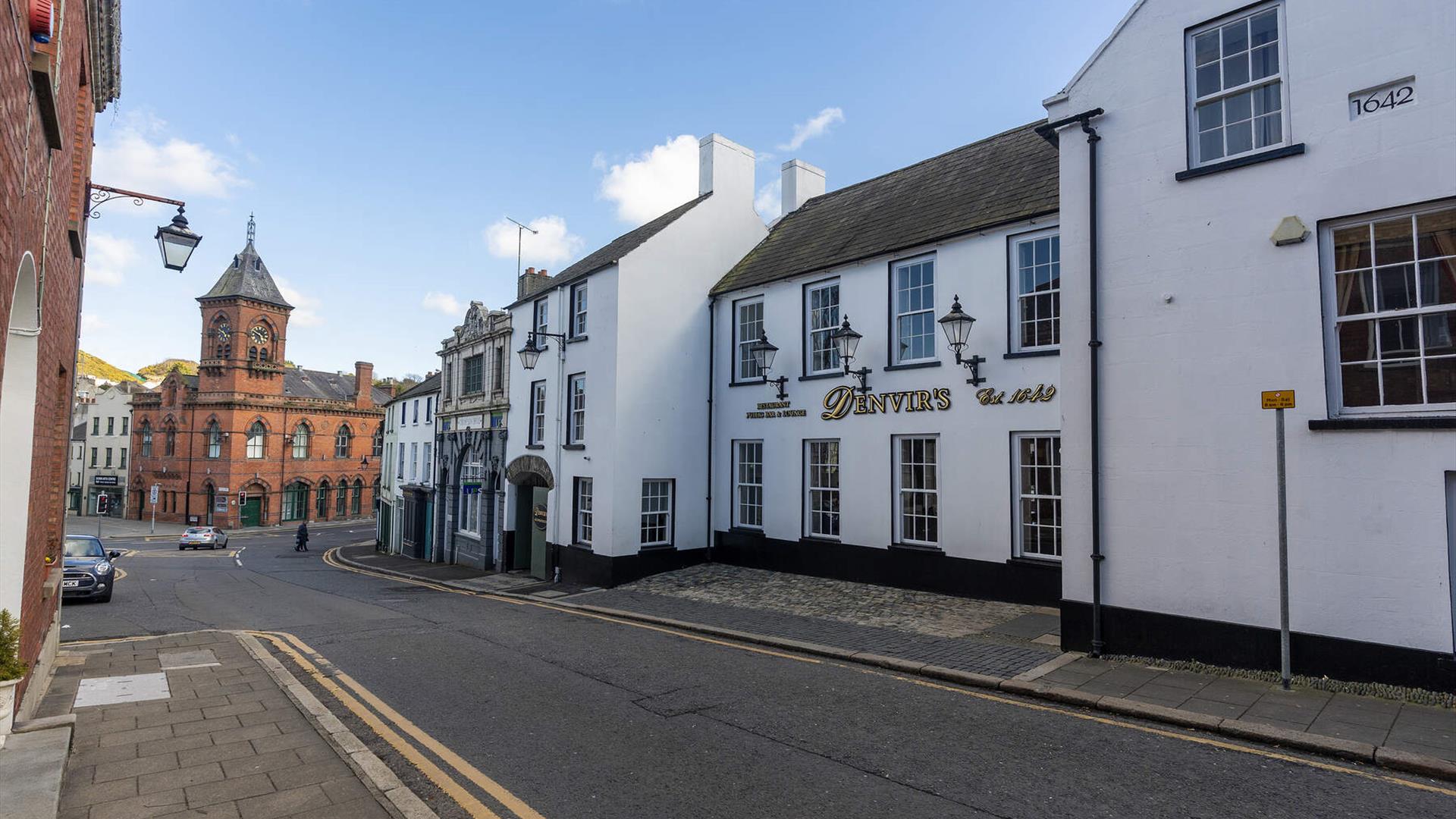 Front entrance to Denvirs Coaching Inn and view of Downpatrick town,