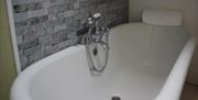 Image is of roll top bath and shower attachment with grey brick wall as feature