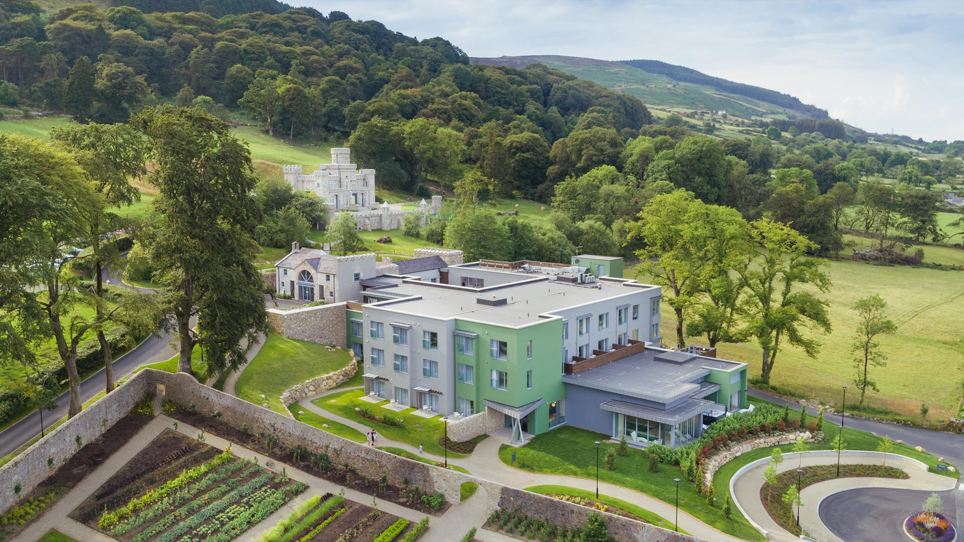 Aerial view of Killeavy Castle Estate. A luxury Hotel Spa destination in Newry, Northern Ireland.