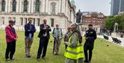 Mary Ann McCracken Walking Tour and guide outside on the grounds of City Hall Belfast