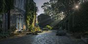 Mount Stewart house and patio, sunlight filtering through greenery