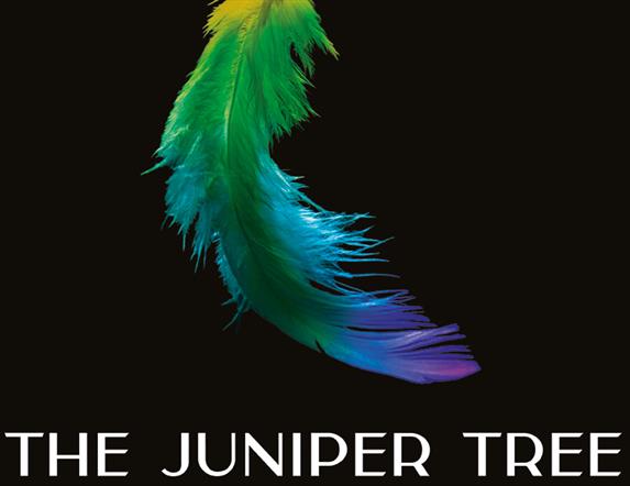 An image of multicoloured feather on a black background with 'The Juniper Tree',  the dates of the production from 21-24 February at the Grand Opera H