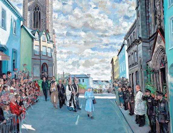 Painting by Hector McDonnell entitled 'The Queen's Visit'. Reproduced by kind permission of Monsignor Peter O'Reilly
