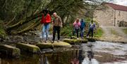 Group using stepping stones to cross a river as part of the Mourne Dry Stone Wall Building experience