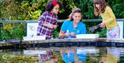 A guide with two children pond dipping