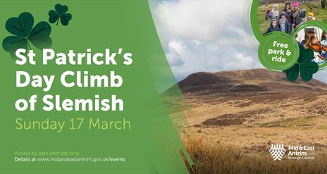 Poster stating St Patrick's Day Climb of Slemish with image of Slemish and shamrocks
