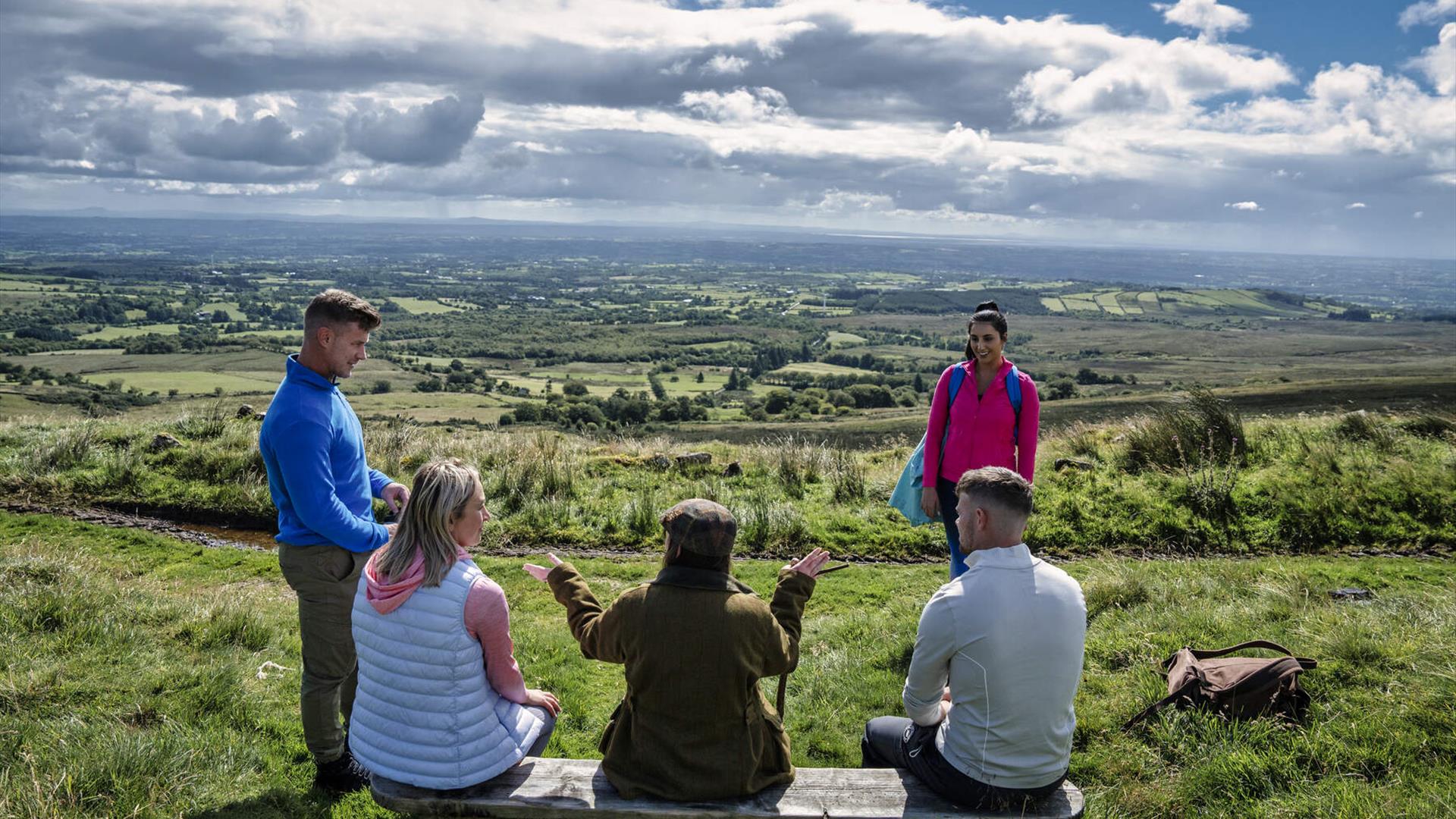 A perfectly located bench offers fantastic views of the Sperrins on The Emigrants Walk experience