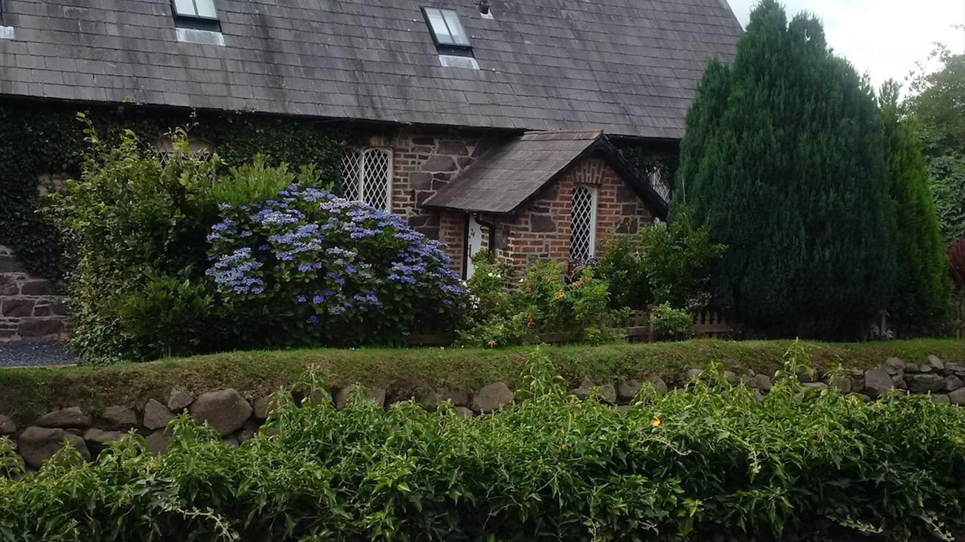 Image is of front of cottage with stone wall covered with plants and flowerbeds