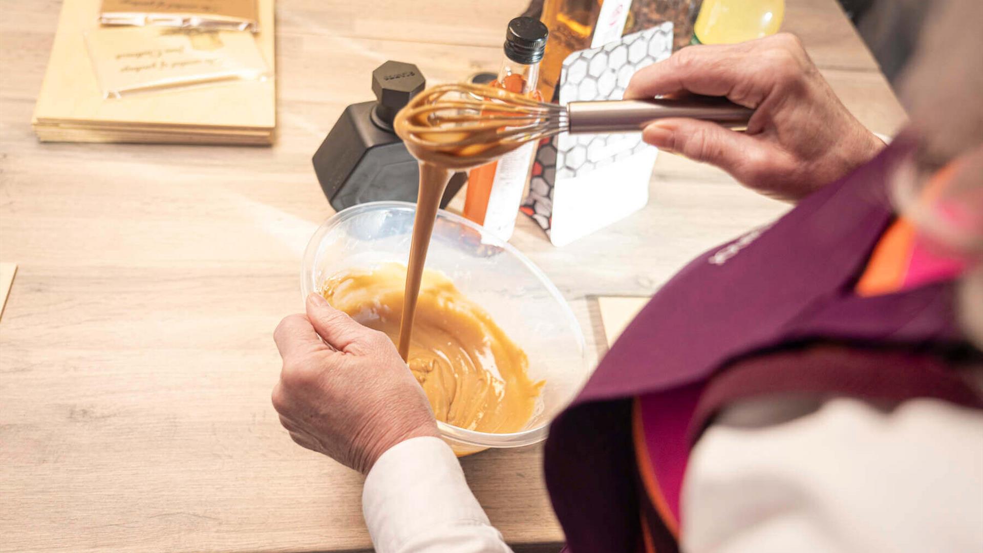 Tempering sustainably sourced chocolate is one of the lessons at The Taste Causeway Chocolate Experience Tempering sustainably sourced chocolate is one of the lessons at The Taste Causeway Chocolate Experience