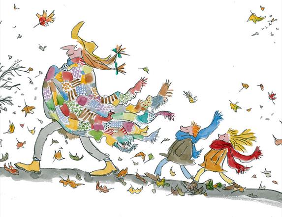 © Quentin Blake 2023. All rights reserved. Quentin Blake illustration of a man in a colourful coat and two children walking through autumn leaves.