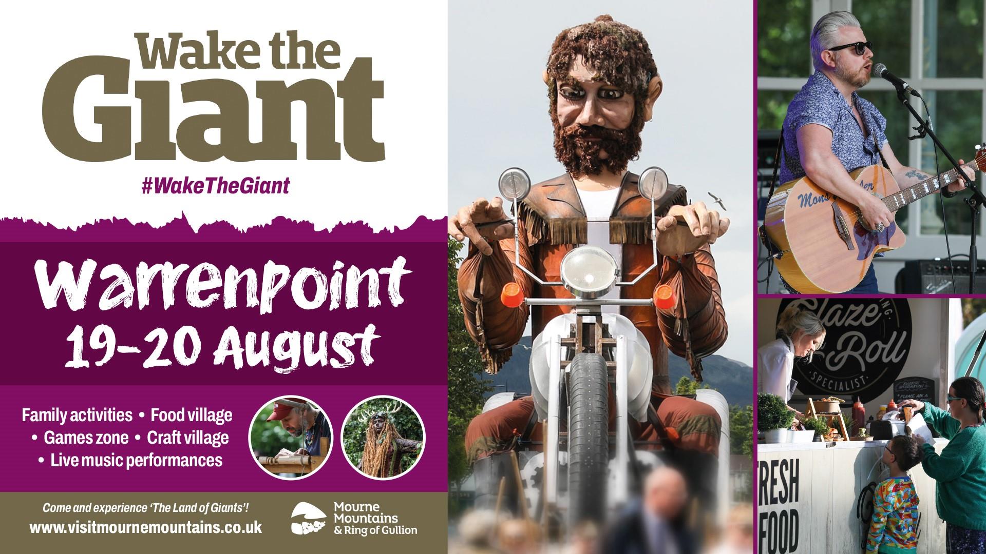 Poster promoting Wake the Giant, a giant even in Warrenpoint from 19-20 August 2023