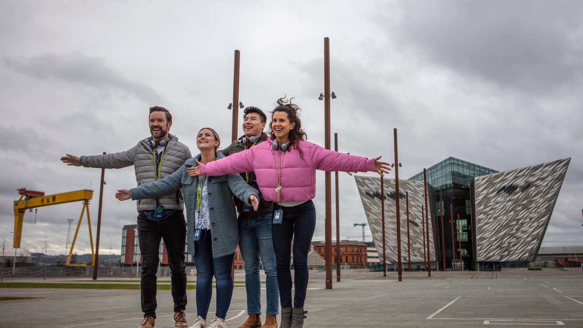Group has fun posing outside Titanic Belfast building