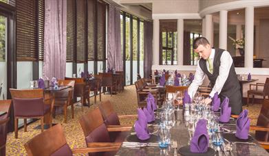 A Hastings Hotel member of staff setting a table and arranging purple napkins in the Grill Restaurant at Everglades Hotel.