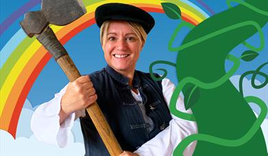 Jack stands proudly holding an axe, with a giant green beanstalk next to him