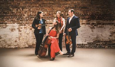 An image of Aestus Quartet against a backdrop of a brick wall. The two violinists and viola player are standing, holding their instruments, and the ce
