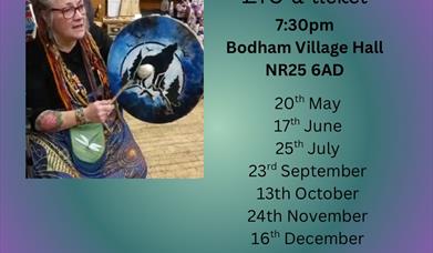 Purple and turquoise background with a photo of Lakota Sands Drumming and the details of the event written around the edge.